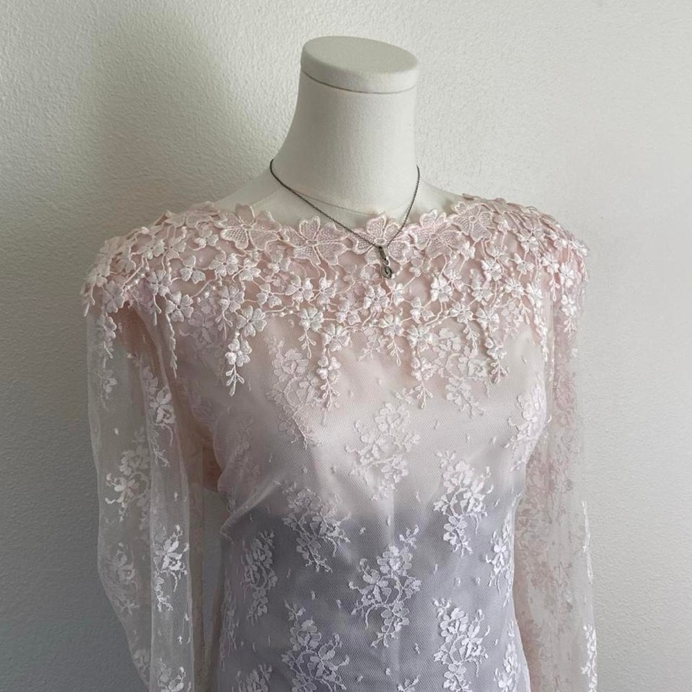 Vintage Patra Pink Lace Formal Long Sleeve Blouse Boatneck Fairy